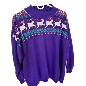 Vtg Womens Holiday Sweatshirt Purple Reindeer 1980s Holiday Sweater Pullover